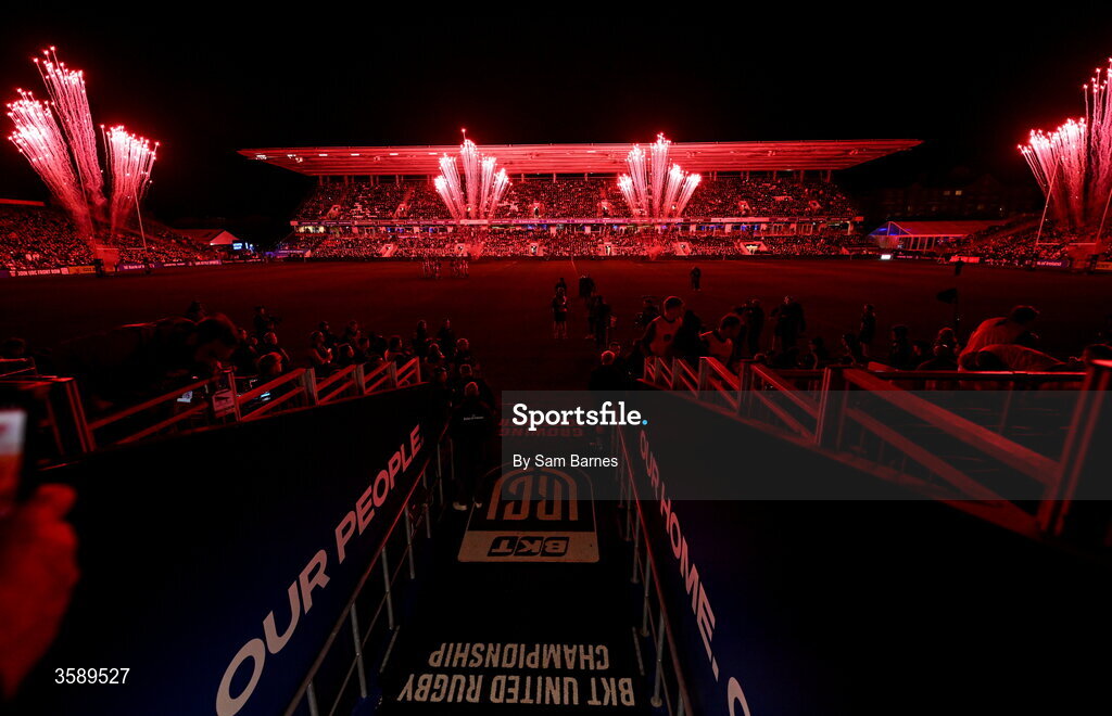 10 October 2026; Fireworks before the United Rugby Championship match between Leinster and Cardiff at the Laya Arena in Dublin. Photo by Sam Barnes/Sportsfile