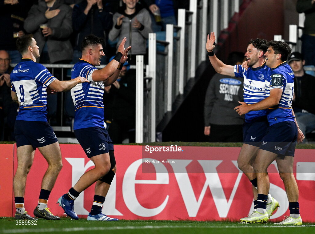 10 October 2026; Hugo Keenan of Leinster, second from right, celebrates with teammates, from left, Oliver Coffey, Dan Sheehan and Jimmy O'Brien  after scoring his side's first try during the United Rugby Championship match between Leinster and Cardiff at the Laya Arena in Dublin. Photo by Sam Barnes/Sportsfile