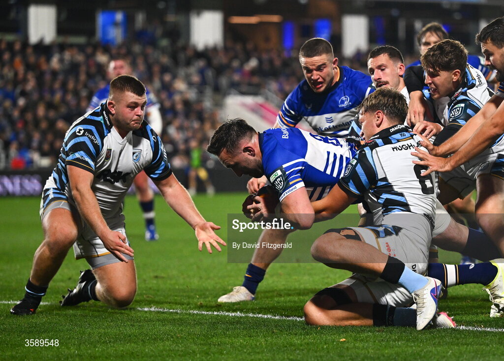10 October 2026; Jack Conan of Leinster scores his side's third try during the United Rugby Championship match between Leinster and Cardiff at the Laya Arena in Dublin. Photo by David Fitzgerald/Sportsfile