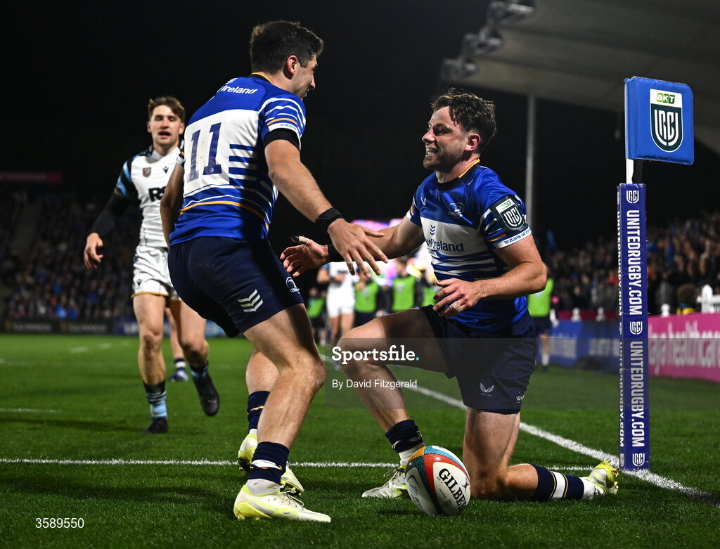 10 October 2026; Hugo Keenan of Leinster celebrates with teammate Jimmy O’Brien after scoring their side's first try during the United Rugby Championship match between Leinster and Cardiff at the Laya Arena in Dublin. Photo by David Fitzgerald/Sportsfile