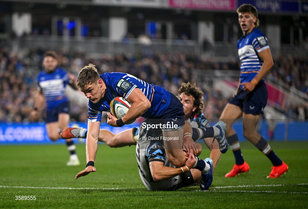 10 October 2026; Garry Ringrose of Leinster is tackled by Harri Millard of Cardiff during the United Rugby Championship match between Leinster and Cardiff at the Laya Arena in Dublin. Photo by David Fitzgerald/Sportsfile