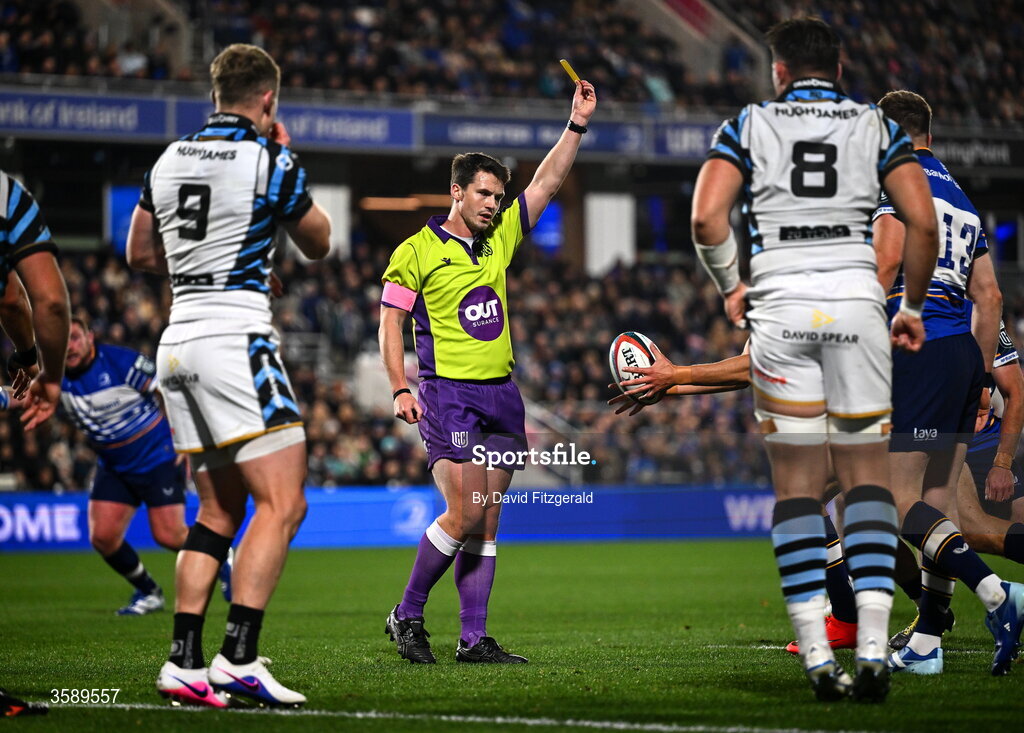 10 October 2026; Referee Sam Grove-White shows a yellow card to Aled Davies of Cardiff, not pictured, during the United Rugby Championship match between Leinster and Cardiff at the Laya Arena in Dublin. Photo by David Fitzgerald/Sportsfile