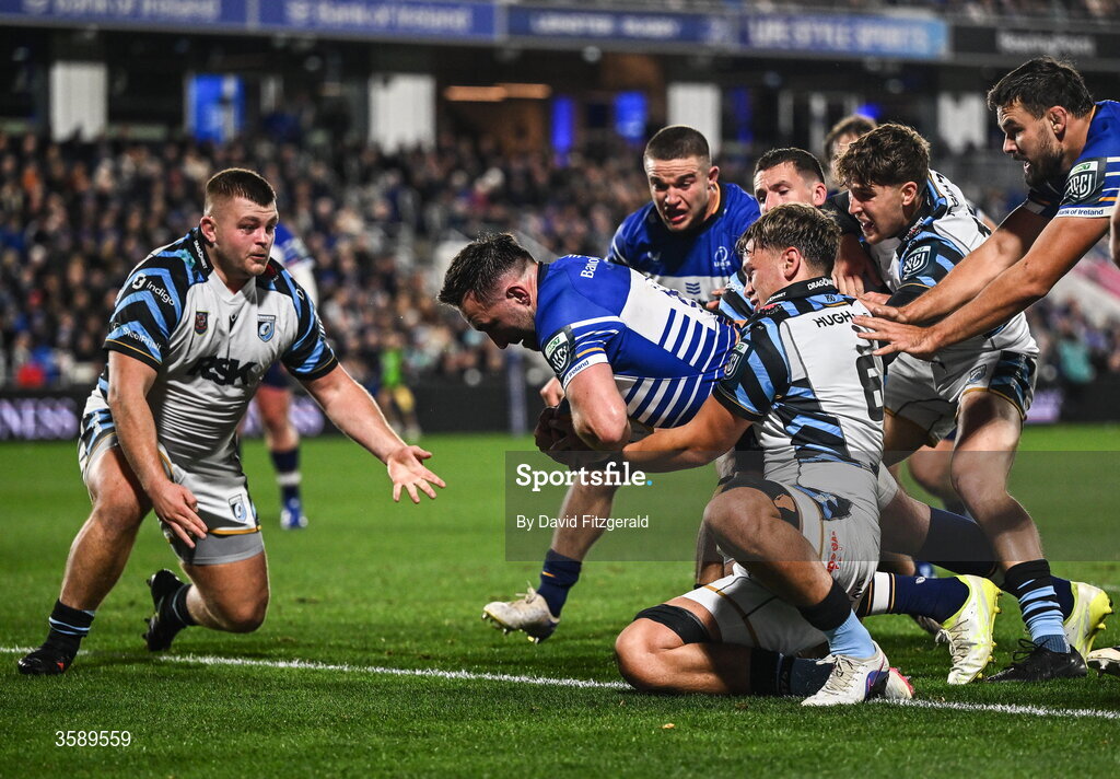 10 October 2026; Jack Conan of Leinster scores his side's third try during the United Rugby Championship match between Leinster and Cardiff at the Laya Arena in Dublin. Photo by David Fitzgerald/Sportsfile