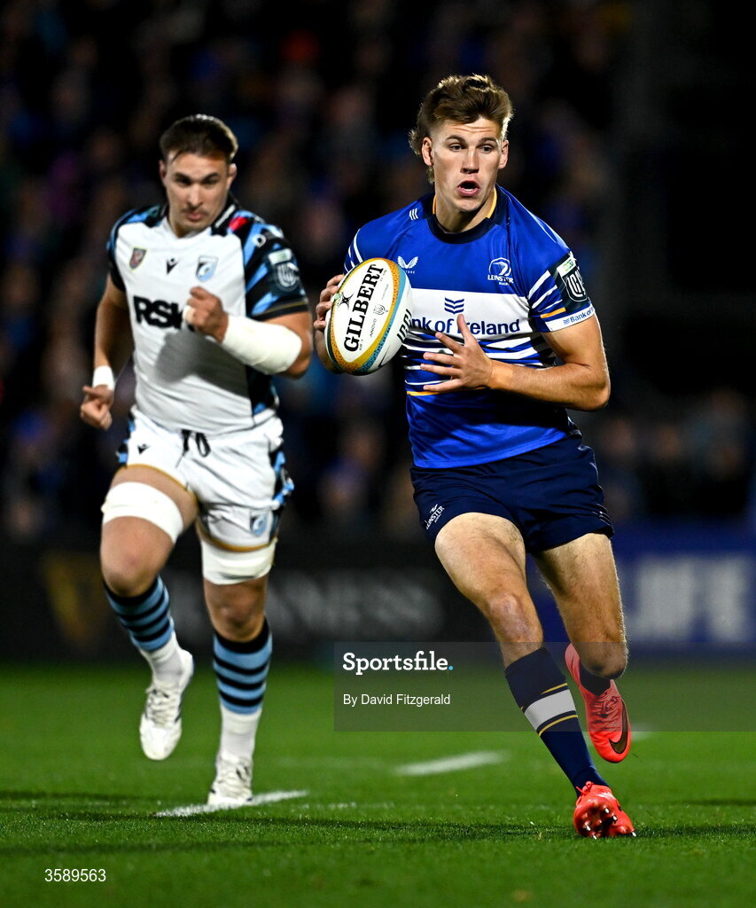 10 October 2026; Sam Prendergast of Leinster makes a break during the United Rugby Championship match between Leinster and Cardiff at the Laya Arena in Dublin. Photo by David Fitzgerald/Sportsfile