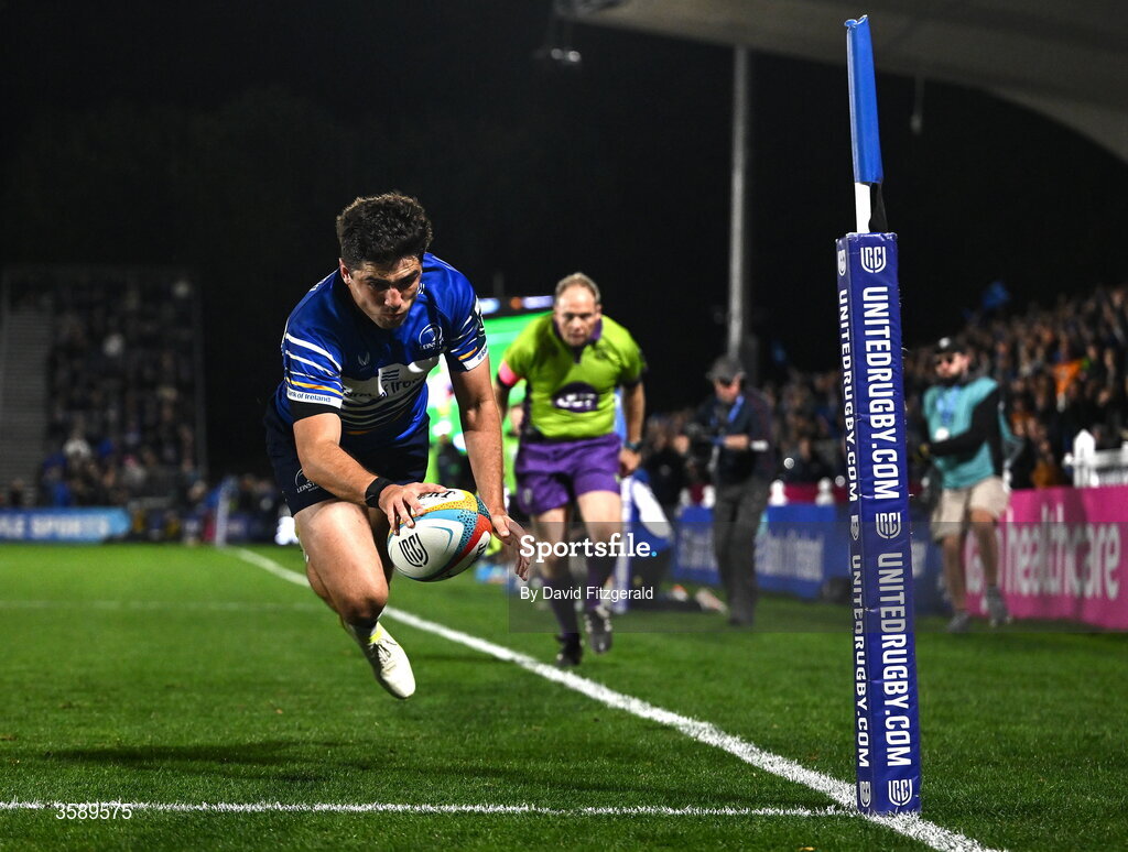 10 October 2026; Jimmy O’Brien of Leinster scores his side's fourth try before the United Rugby Championship match between Leinster and Cardiff at the Laya Arena in Dublin. Photo by David Fitzgerald/Sportsfile