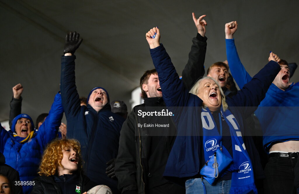 10 October 2026; Supporters celebrate in the stands during the United Rugby Championship match between Leinster and Cardiff at the Laya Arena in Dublin. Photo by Eakin Howard/Sportsfile