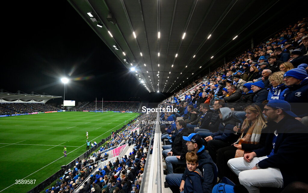 10 October 2026; Supporters watch the game during the United Rugby Championship match between Leinster and Cardiff at the Laya Arena in Dublin. Photo by Eakin Howard/Sportsfile