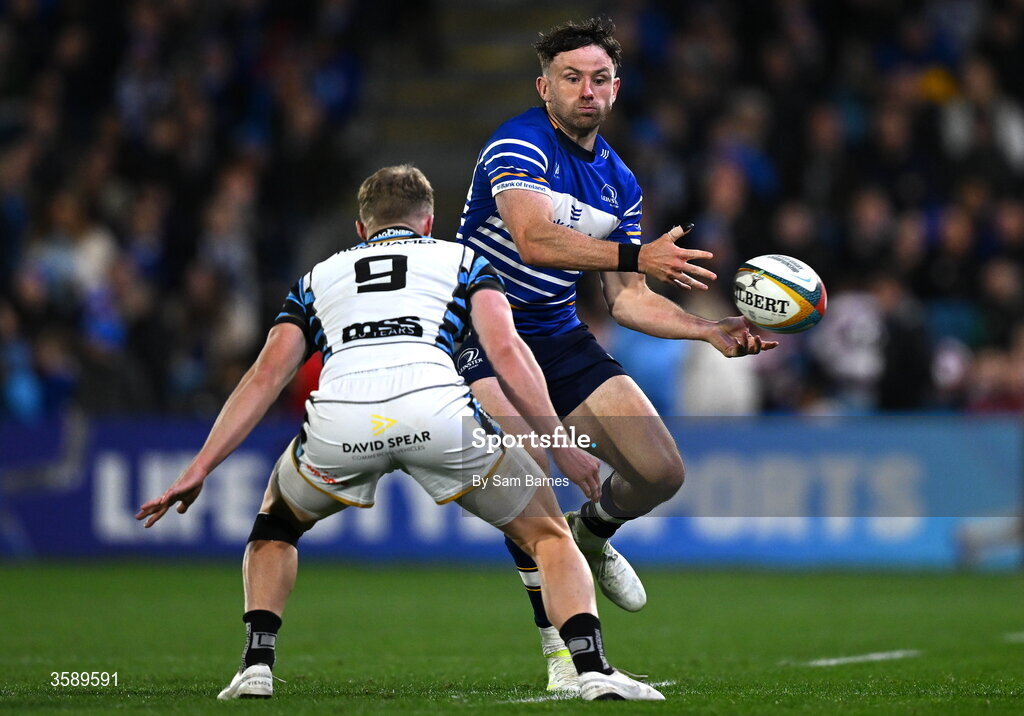 10 October 2026; Hugo Keenan of Leinster in action against Aled Davies of Cardiff during the United Rugby Championship match between Leinster and Cardiff at the Laya Arena in Dublin. Photo by Sam Barnes/Sportsfile
