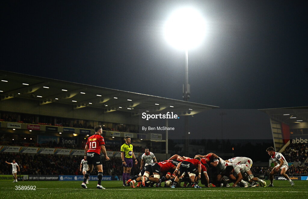 10 October 2026; A general view of a scrum during the United Rugby Championship match between Ulster and Munster at Affidea Stadium in Belfast. Photo by Ben McShane/Sportsfile