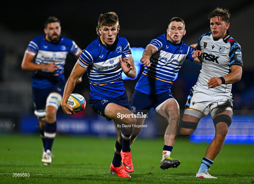 10 October 2026; Sam Prendergast of Leinster makes a break during the United Rugby Championship match between Leinster and Cardiff at the Laya Arena in Dublin. Photo by David Fitzgerald/Sportsfile