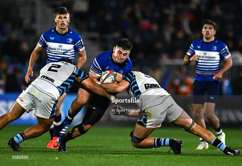 10 October 2026; Dan Sheehan of Leinster is tackled by Liam Belcher, left, and Teddy Williams of Cardiff during the United Rugby Championship match between Leinster and Cardiff at the Laya Arena in Dublin. Photo by David Fitzgerald/Sportsfile