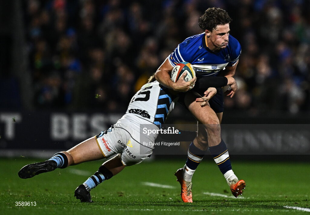 10 October 2026; Joshua Kenny of Leinster is tackled by Matty Young, left, and Mason Grady of Cardiff during the United Rugby Championship match between Leinster and Cardiff at the Laya Arena in Dublin. Photo by David Fitzgerald/Sportsfile