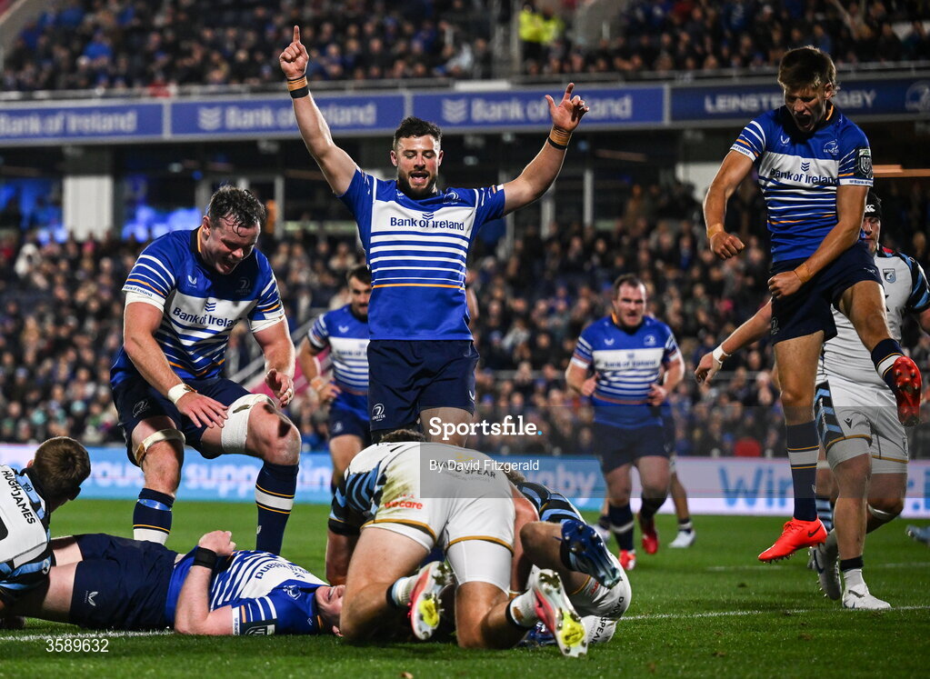 10 October 2026; Leinster players, from left, James Ryan, Robbie Henshaw and Sam Prendergast celebrate after Jamie Osborne scored their fifth try during the United Rugby Championship match between Leinster and Cardiff at the Laya Arena in Dublin. Photo by David Fitzgerald/Sportsfile