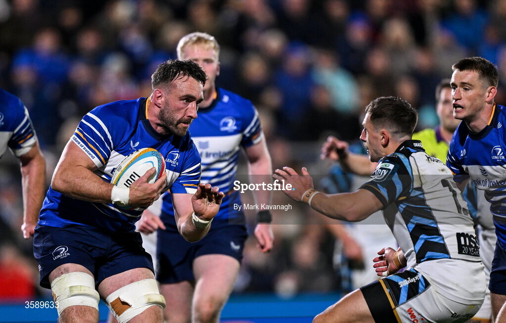 10 October 2026; Jack Conan of Leinster in action against Harri Millard of Cardiff during the United Rugby Championship match between Leinster and Cardiff at the Laya Arena in Dublin. Photo by Mark Kavanagh/Sportsfile