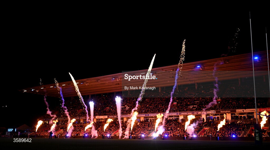 10 October 2026; A fireworks display before the United Rugby Championship match between Leinster and Cardiff at the Laya Arena in Dublin. Photo by Mark Kavanagh/Sportsfile