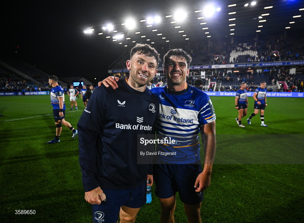 10 October 2026; Hugo Keenan, left, and Jimmy O’Brien of Leinster celebrate after the United Rugby Championship match between Leinster and Cardiff at the Laya Arena in Dublin. Photo by David Fitzgerald/Sportsfile