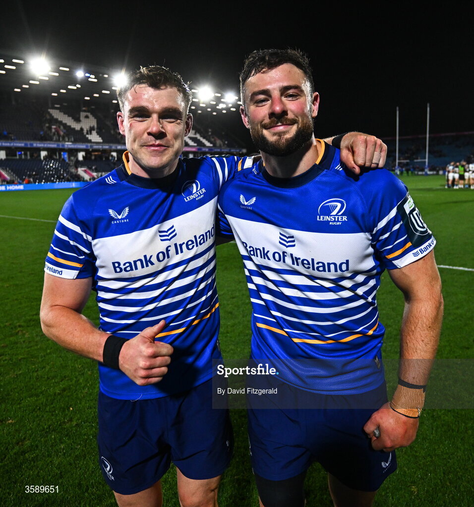 10 October 2026; Garry Ringrose, left, and Robbie Henshaw of Leinster after the United Rugby Championship match between Leinster and Cardiff at the Laya Arena in Dublin. Photo by David Fitzgerald/Sportsfile