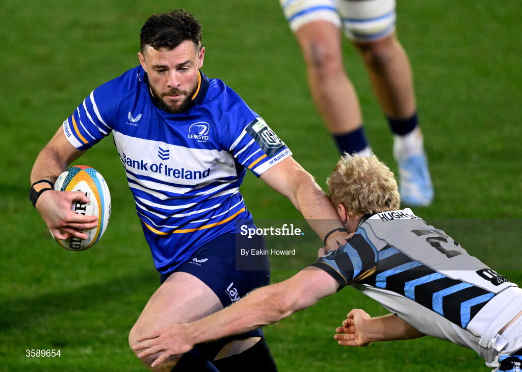 10 October 2026; Robbie Henshaw of Leinster in action against Johan Mulder of Cardiff during the United Rugby Championship match between Leinster and Cardiff at the Laya Arena in Dublin. Photo by Eakin Howard/Sportsfile
