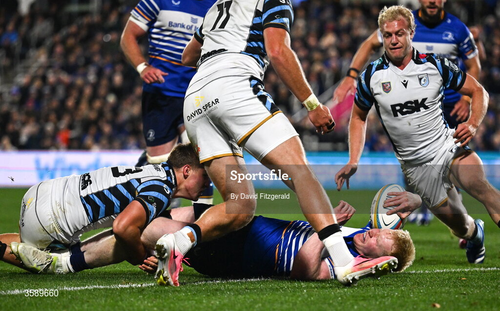 10 October 2026; Jamie Osborne of Leinster scores his side's fifth try during the United Rugby Championship match between Leinster and Cardiff at the Laya Arena in Dublin. Photo by David Fitzgerald/Sportsfile