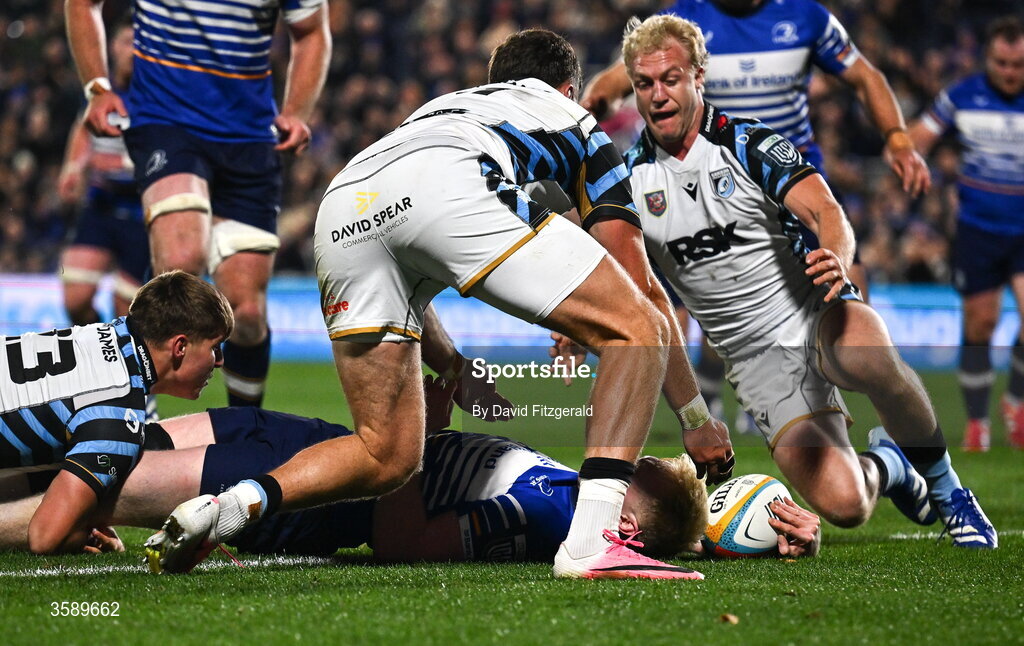 10 October 2026; Jamie Osborne of Leinster scores his side's fifth try during the United Rugby Championship match between Leinster and Cardiff at the Laya Arena in Dublin. Photo by David Fitzgerald/Sportsfile