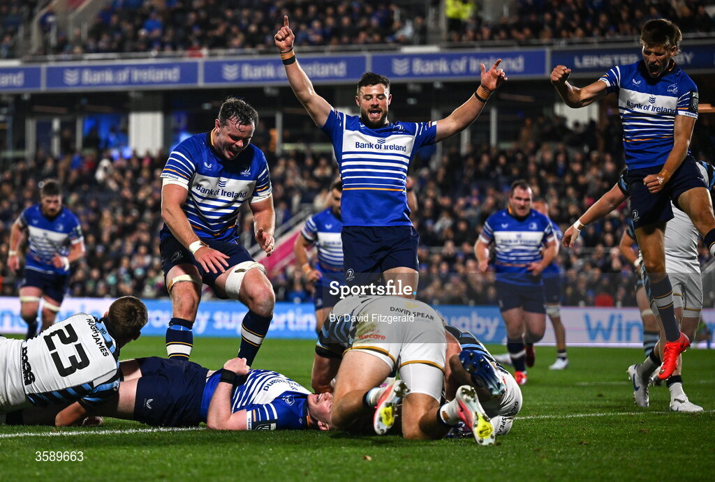 10 October 2026; Leinster players, from left, James Ryan, Robbie Henshaw and Sam Prendergast celebrate after Jamie Osborne scored their fifth try during the United Rugby Championship match between Leinster and Cardiff at the Laya Arena in Dublin. Photo by David Fitzgerald/Sportsfile