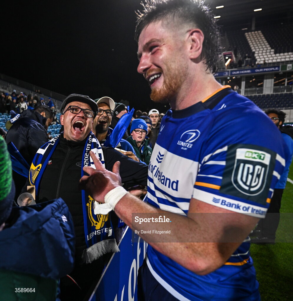 10 October 2026; Joe McCarthy of Leinster with supporters after the United Rugby Championship match between Leinster and Cardiff at the Laya Arena in Dublin. Photo by David Fitzgerald/Sportsfile