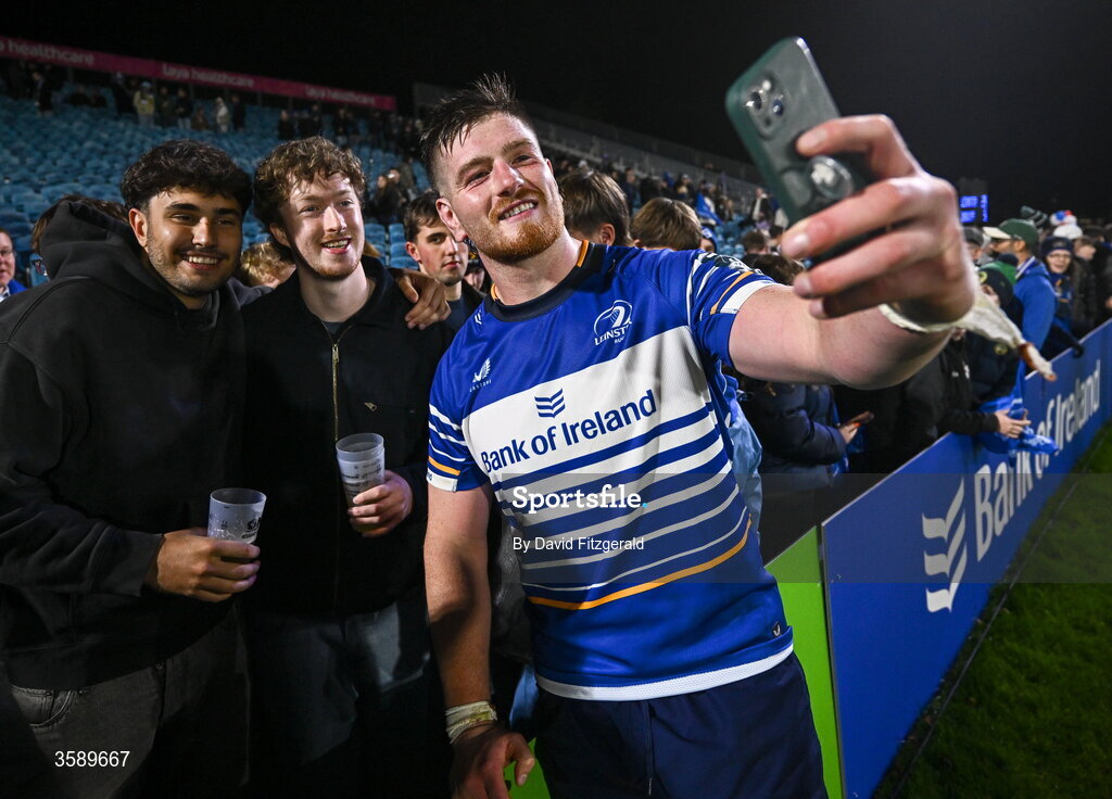 10 October 2026; Joe McCarthy of Leinster with supporters after the United Rugby Championship match between Leinster and Cardiff at the Laya Arena in Dublin. Photo by David Fitzgerald/Sportsfile