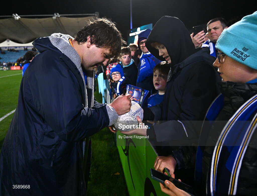 10 October 2026; Alex Usanov of Leinster with supporters after the United Rugby Championship match between Leinster and Cardiff at the Laya Arena in Dublin. Photo by David Fitzgerald/Sportsfile