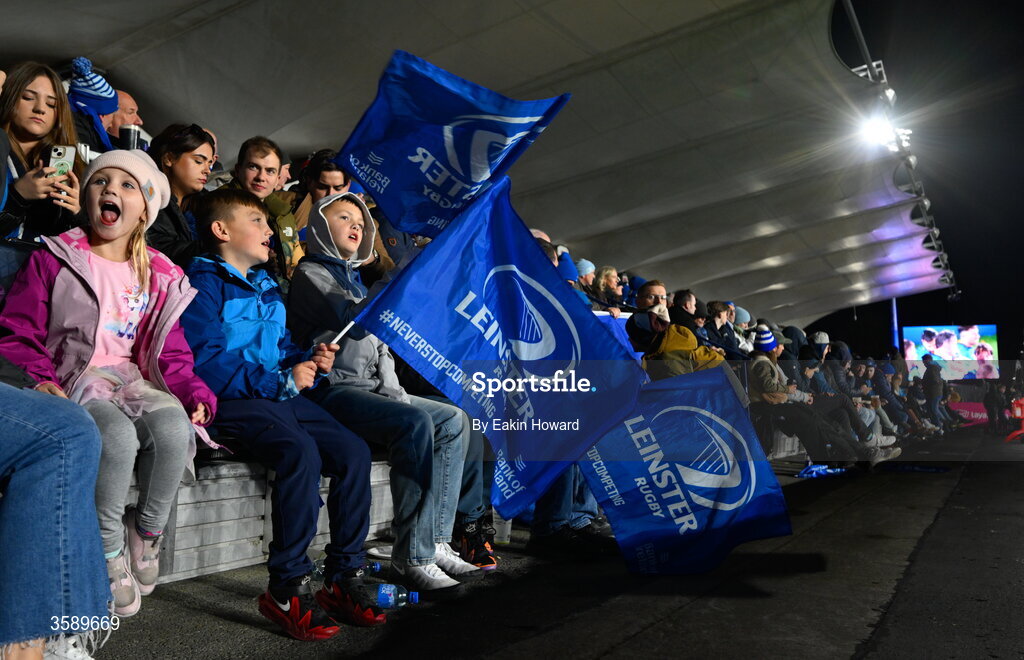10 October 2026; Supporters watch the game during the United Rugby Championship match between Leinster and Cardiff at the Laya Arena in Dublin. Photo by Eakin Howard/Sportsfile
