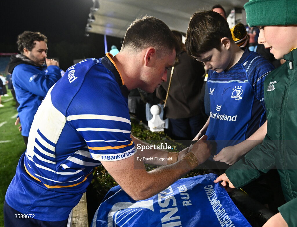 10 October 2026; Oliver Coffey of Leinster with supporters after the United Rugby Championship match between Leinster and Cardiff at the Laya Arena in Dublin. Photo by David Fitzgerald/Sportsfile