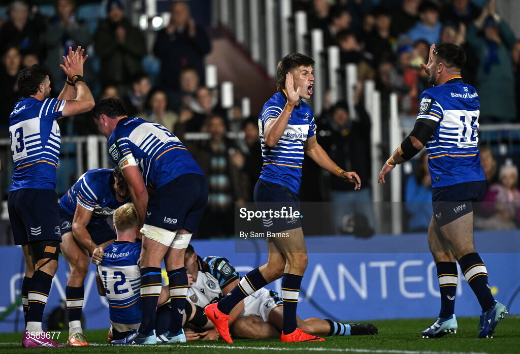 10 October 2026; Leinster players including Sam Prendergast, centre, and Rónan Kelleher, right, celebrate their side's fifth try, scored by Jamie Osborne during the United Rugby Championship match between Leinster and Cardiff at the Laya Arena in Dublin. Photo by Sam Barnes/Sportsfile