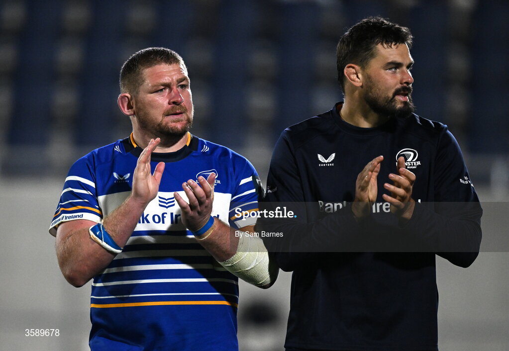 10 October 2026; Leinster players Tadhg Furlong, left, and Max Deegan after their side's victory in the United Rugby Championship match between Leinster and Cardiff at the Laya Arena in Dublin. Photo by Sam Barnes/Sportsfile