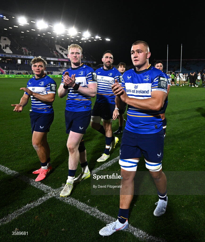 10 October 2026; Leinster players applaud the support after the United Rugby Championship match between Leinster and Cardiff at the Laya Arena in Dublin. Photo by David Fitzgerald/Sportsfile