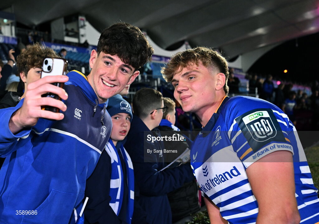 10 October 2026; Caspar Gabriel of Leinster with supporters after his side's victory in the United Rugby Championship match between Leinster and Cardiff at the Laya Arena in Dublin. Photo by Sam Barnes/Sportsfile