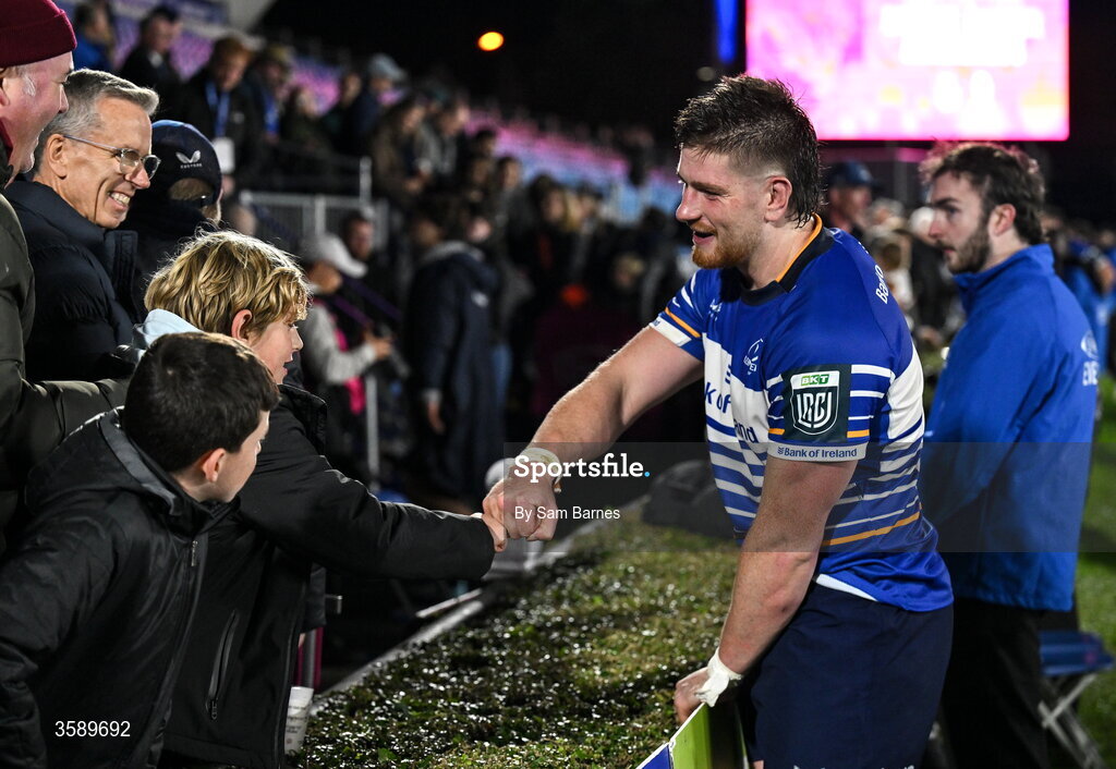 10 October 2026; Joe McCarthy of Leinster with supporters after his side's victory in the United Rugby Championship match between Leinster and Cardiff at the Laya Arena in Dublin. Photo by Sam Barnes/Sportsfile