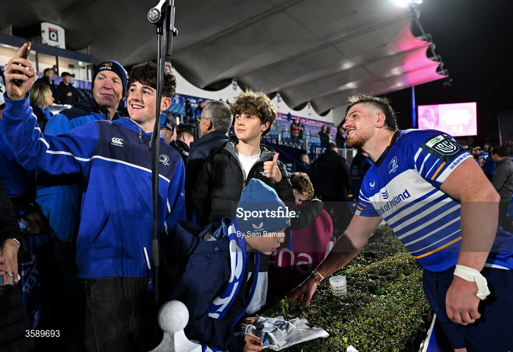 10 October 2026; Joe McCarthy of Leinster with supporters after his side's victory in the United Rugby Championship match between Leinster and Cardiff at the Laya Arena in Dublin. Photo by Sam Barnes/Sportsfile