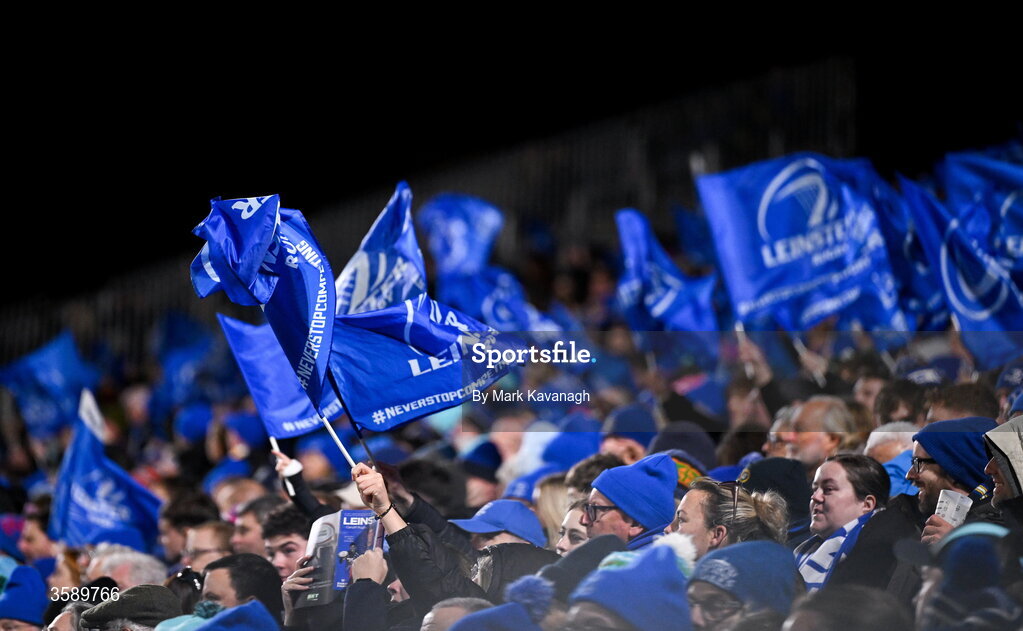 10 October 2026; Leinster supporters celebrate after their side's second try during the United Rugby Championship match between Leinster and Cardiff at the Laya Arena in Dublin. Photo by Mark Kavanagh/Sportsfile