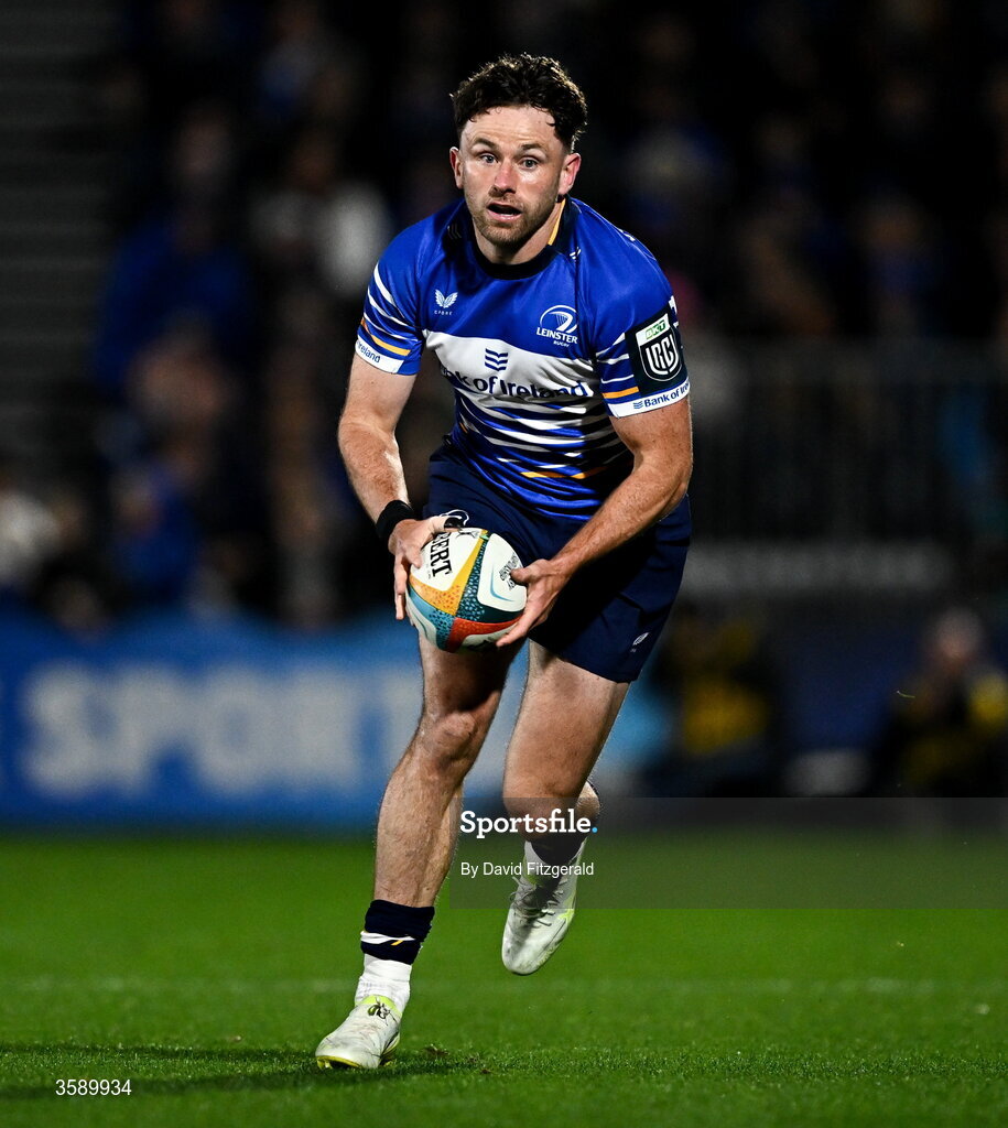 10 October 2026; Hugo Keenan of Leinster during the United Rugby Championship match between Leinster and Cardiff at the Laya Arena in Dublin. Photo by David Fitzgerald/Sportsfile