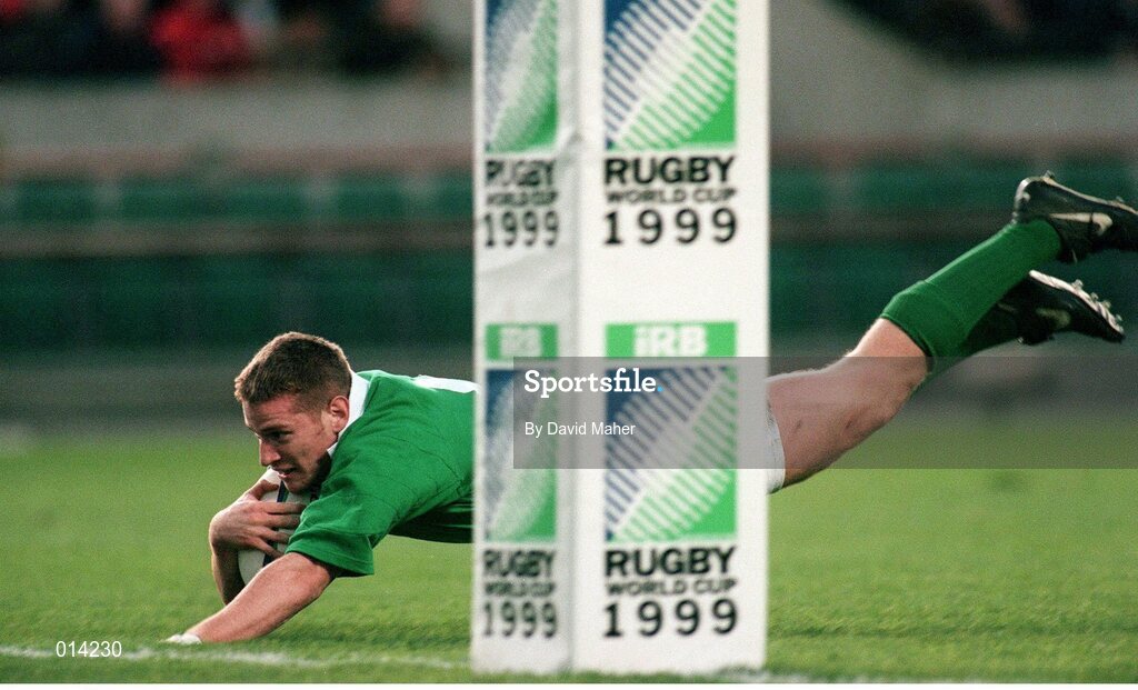 14 November 1998; Ireland's Ciaran Scally goes over for a try. Rugby World Cup Qualifier, Ireland v Georgia, Lansdowne Road, Dublin. Picture credit: David Maher / SPORTSFILE