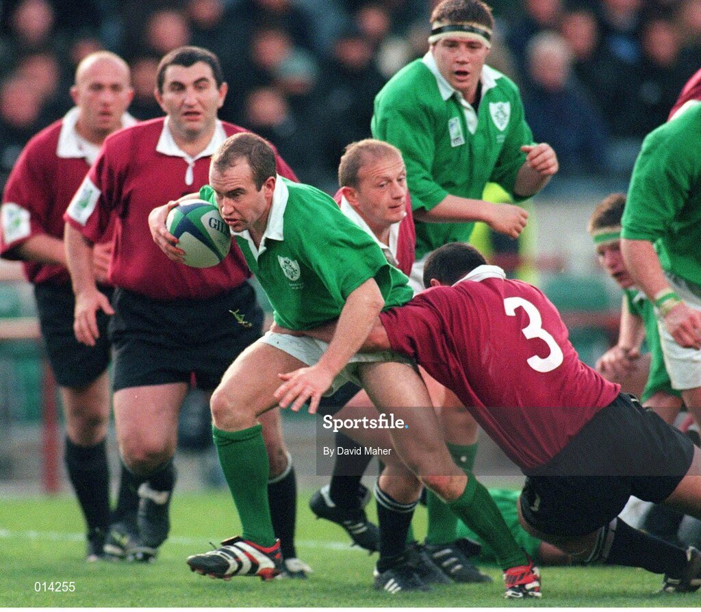 14 November 1998; Conor McGuinness, Ireland, is tackled by Goderdzi Shelidze, Georgia. Rugby World Cup Qualifier, Ireland v Georgia, Lansdowne Road, Dublin. Picture credit: David Maher / SPORTSFILE