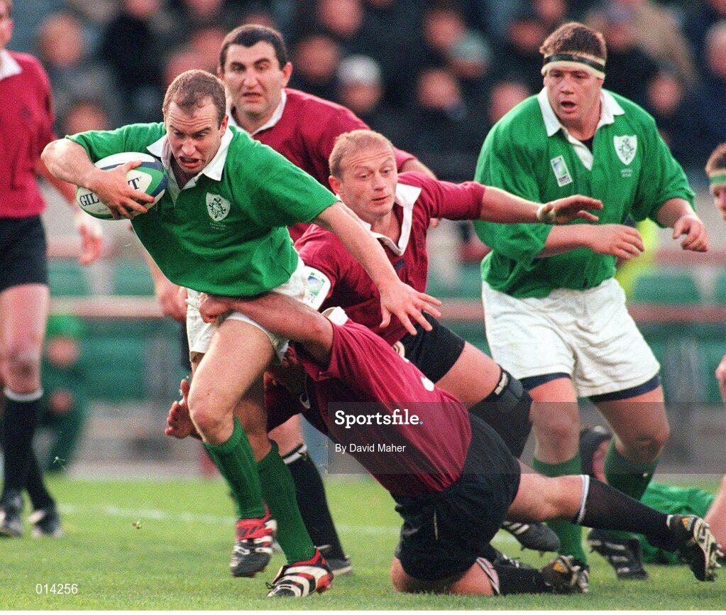 14 November 1998; Conor McGuinness, Ireland, is tackled by Goderdzi Shelidze, Georgia. Rugby World Cup Qualifier, Ireland v Georgia, Lansdowne Road, Dublin. Picture credit: David Maher / SPORTSFILE