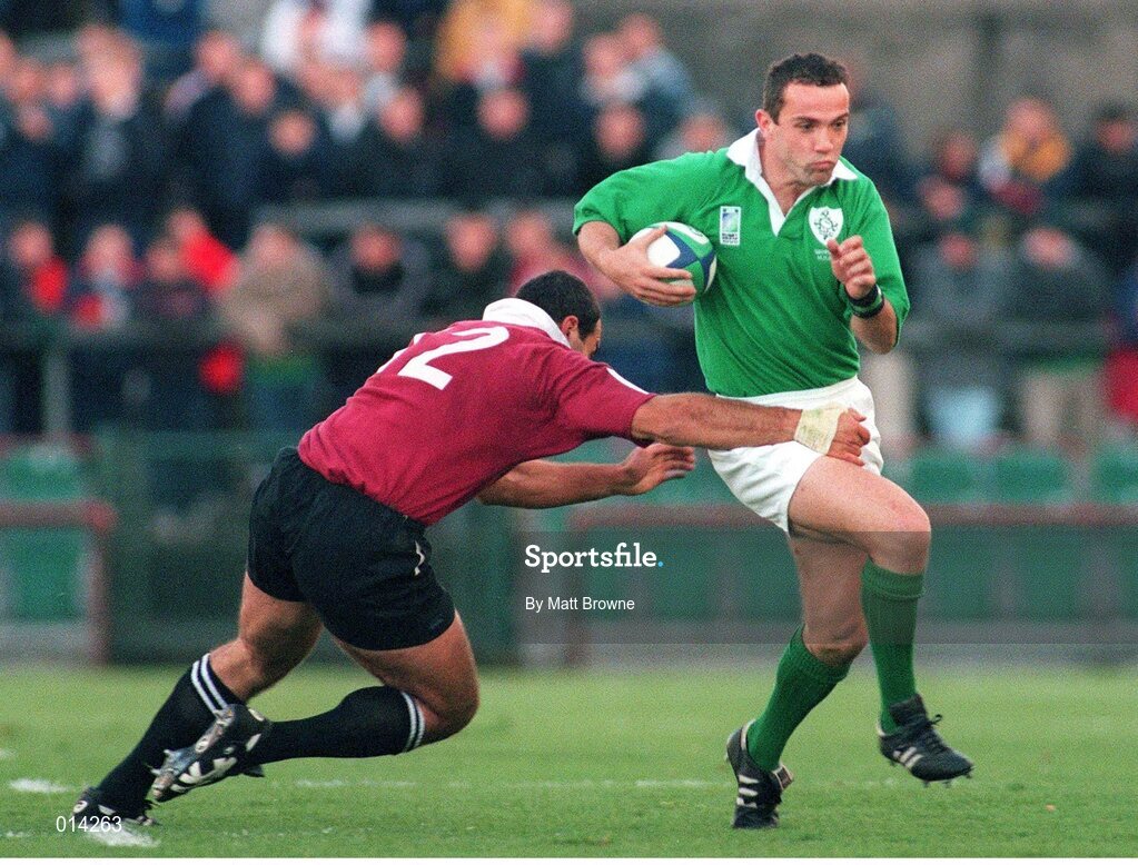 14 November 1998; Conor O'Shea, Ireland, goes past the challenge of Vasil Katsadze, Georgia. Rugby World Cup Qualifier, Ireland v Georgia, Lansdowne Road, Dublin. Picture credit: Matt Browne / SPORTSFILE