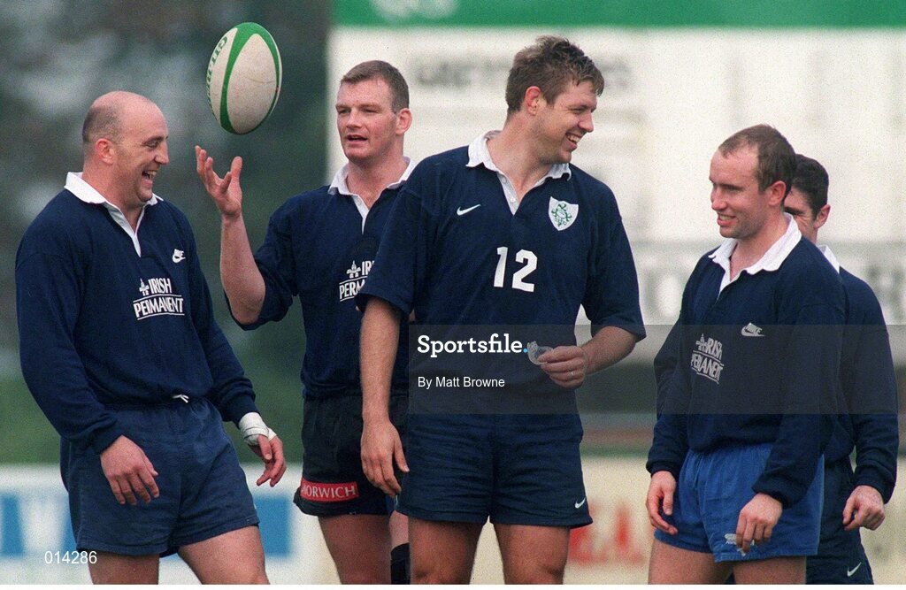 22 September 1998; Ireland's players, from left, Keith Wood, David Corkery, Gabriel Fulcher and Conor McGuinness during squad training. Ireland Rugby Squad Training, Dr. Hickey Park, Greystones, Co. Wicklow. Picture credit: Matt Browne / SPORTSFILE