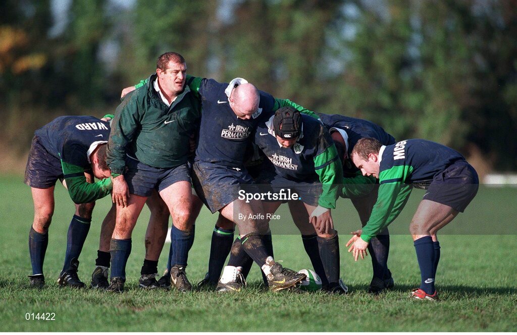 24 November 1998; Ireland's Conor McGuinness practices the 'put in' with the Irish pack during squad training. Ireland Rugby Squad Training, Garda R.F.C., Westmanstown, Lucan, Dublin. Picture credit: Aoife Rice / SPORTSFILE