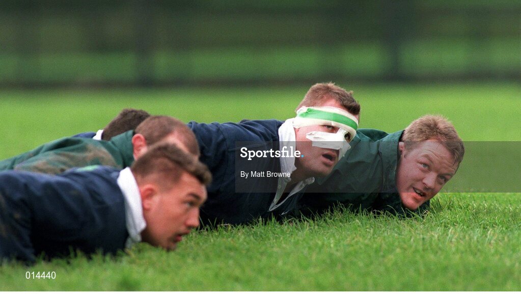 27 October 1998: Ireland's Jeremy Davidson and team-mate Mick Galwey, right, during squad training. Ireland Rugby Squad Training, King's Hospital Rugby Ground, Dublin. Picture credit: Matt Browne / SPORTSFILE