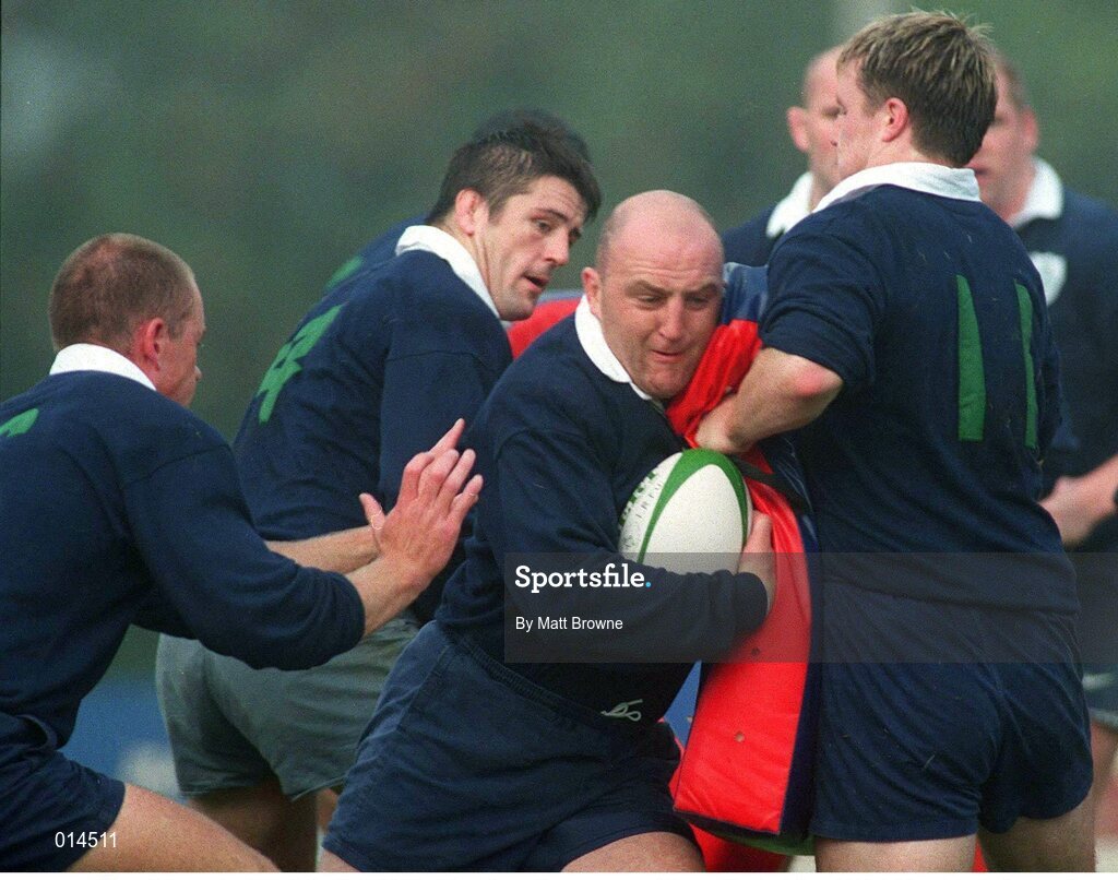 22 September 1998; Ireland's Keith Wood in action against team-mates Mervyn Murphy, left, and Eric Miller, right, during squad training. Ireland Rugby Squad Training, Dr. Hickey Park, Greystones, Co. Wicklow. Picture credit: Matt Browne / SPORTSFILE