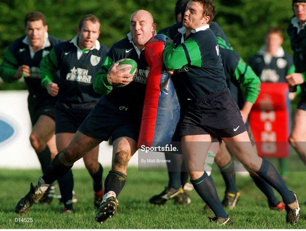 24 November 1998; Ireland's Keith Wood is tackled by team-mate Rob Henderson, right, during squad training. Ireland Rugby Squad Training, Garda R.F.C., Westmanstown, Lucan, Dublin. Picture credit: Matt Browne / SPORTSFILE