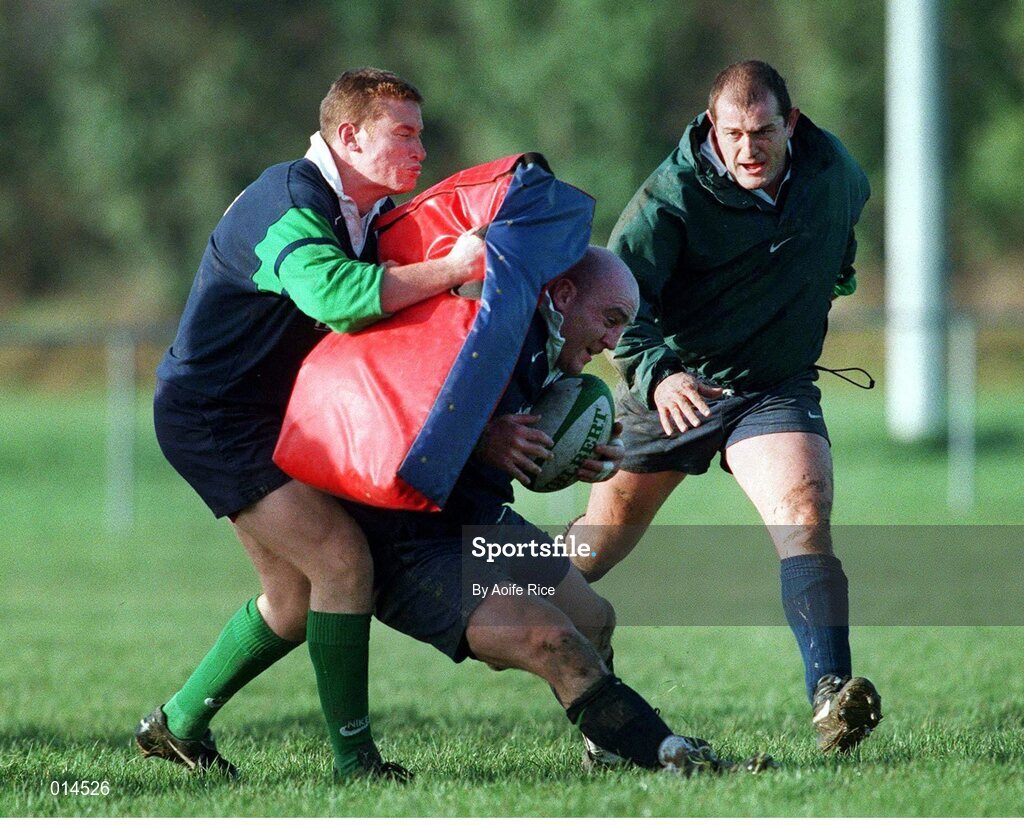 24 November 1998; Ireland's Keith Wood is tackled by team-mate Ciaran Scally, left, and Peter Clohessy, right, during squad training. Ireland Rugby Squad Training, Garda R.F.C., Westmanstown, Lucan, Dublin. Picture credit: Matt Browne / SPORTSFILE