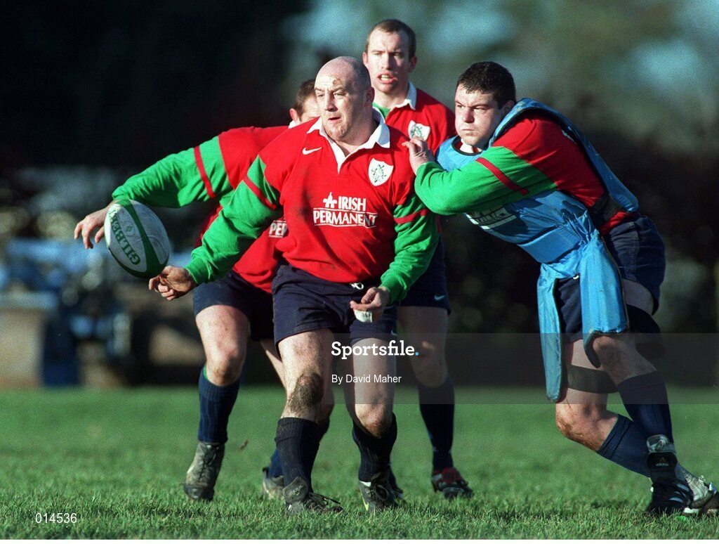 25 November 1998; Ireland's Keith Wood is tackled by team-mate Reggie Corrigan, right, during squad training. Ireland Rugby Squad Training, Kings Hospital, Dublin. Picture credit: David Maher / SPORTSFILE