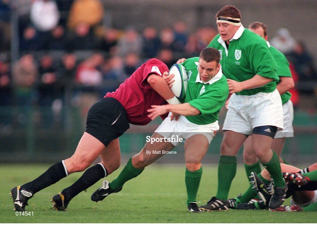 14 November 1998; Kevin Maggs, Ireland, supported by team-mate Paul Wallace, right, is tackled by Ilia Zedguenidze, Georgia. Rugby World Cup Qualifier, Ireland v Georgia, Lansdowne Road, Dublin. Picture credit: Matt Browne / SPORTSFILE